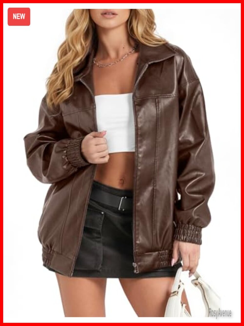 Womens Faux Leather Jacket Oversized Zip Up Fall Bomber Coat